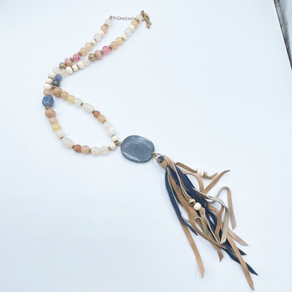Chico's Bohemian Style Beaded Necklace With Leather Tassel & Stone Pendant - Picture 1 of 6